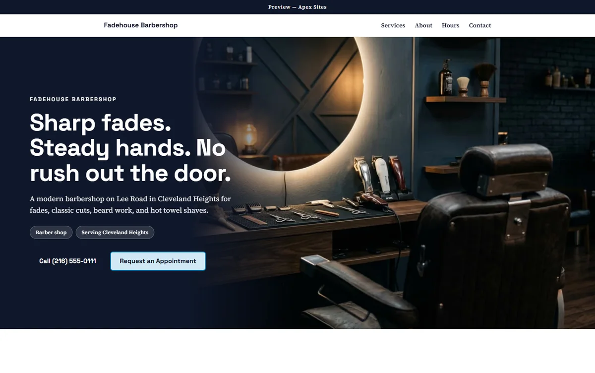 Fadehouse Barbershop sample website — Barbershop design