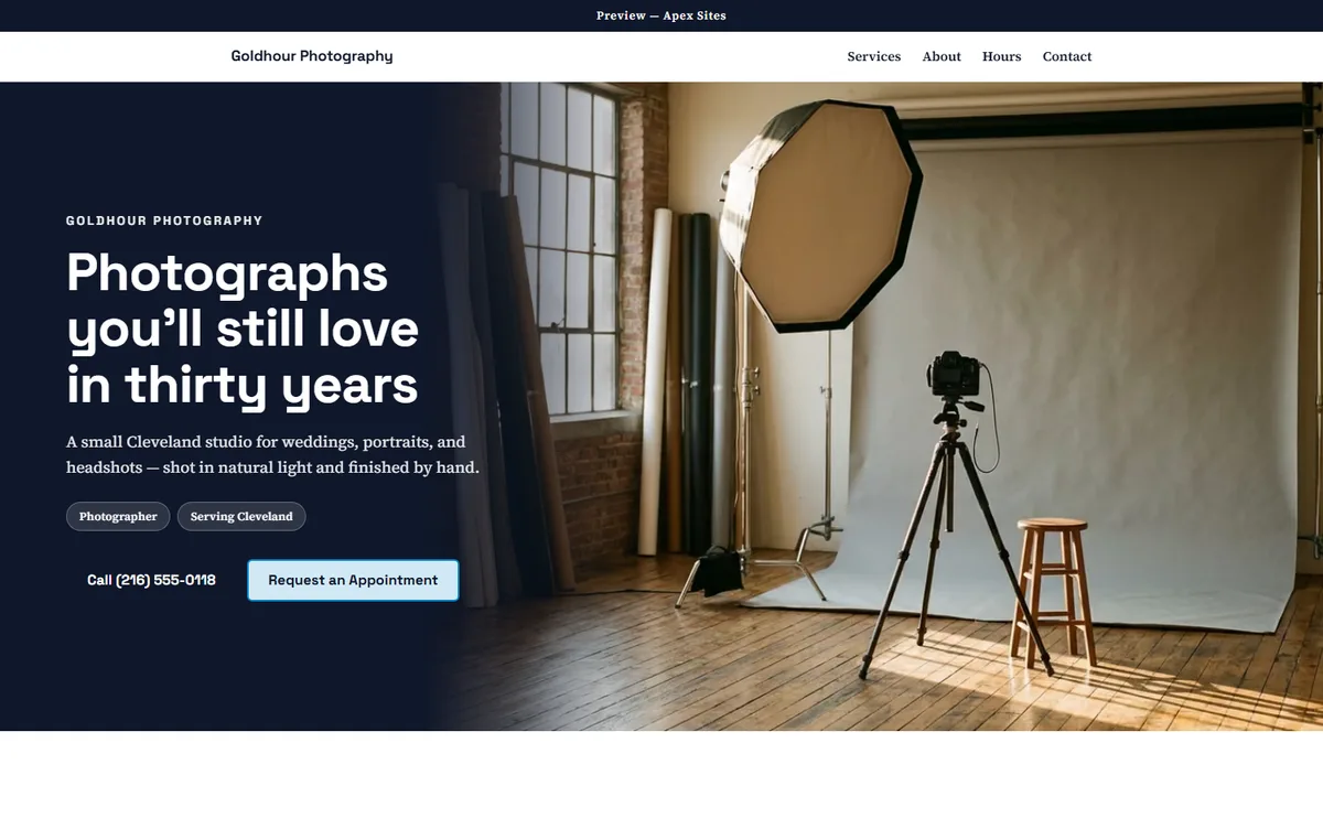 Goldhour Photography sample website — Photography design