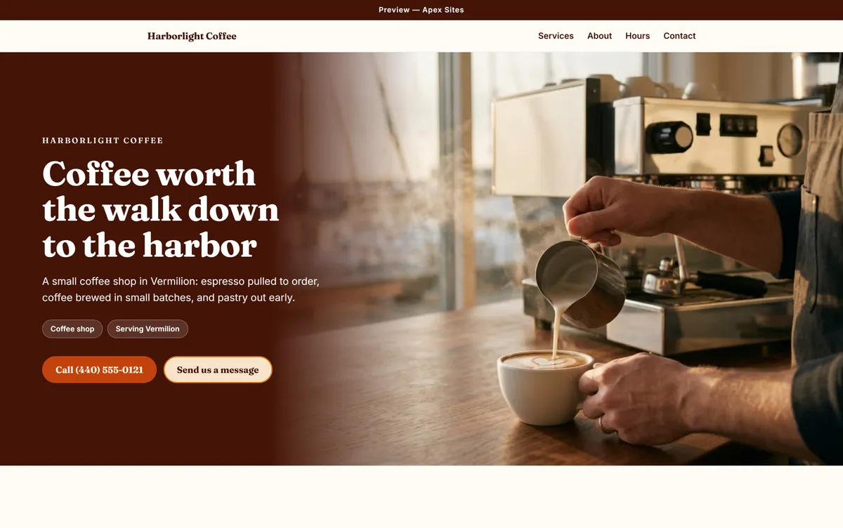 Harborlight Coffee sample website — Coffee shop design