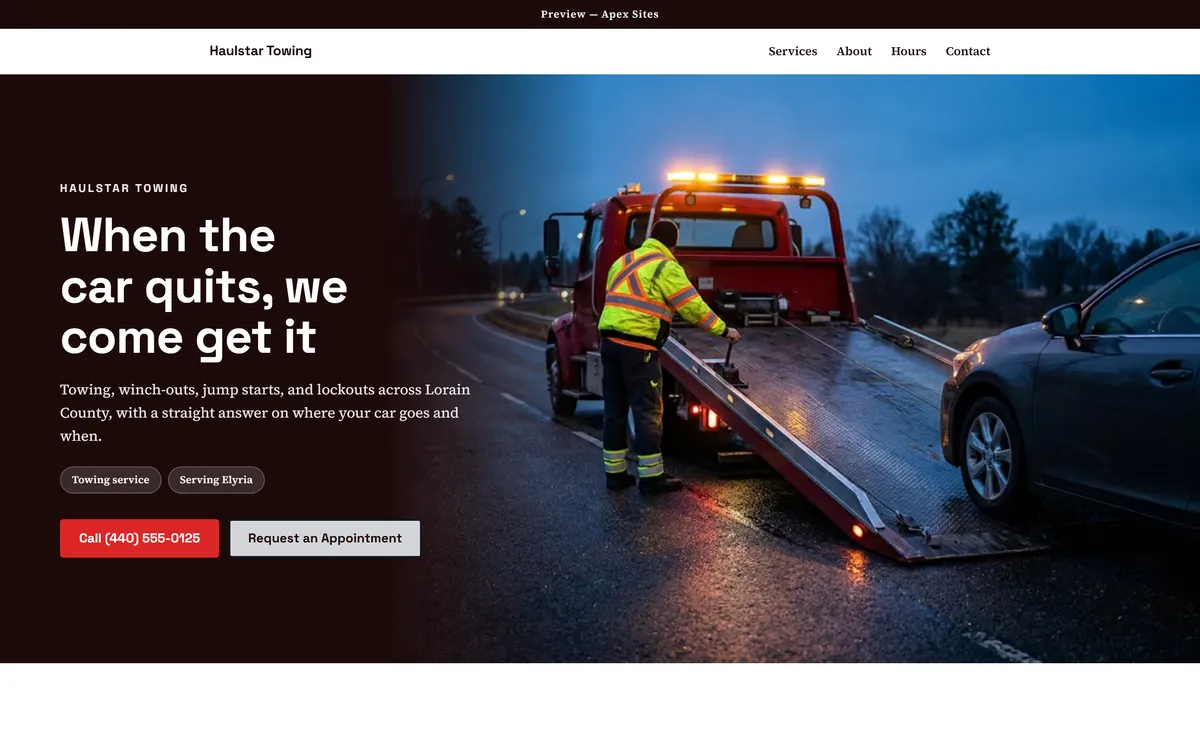 Haulstar Towing sample website — Towing design