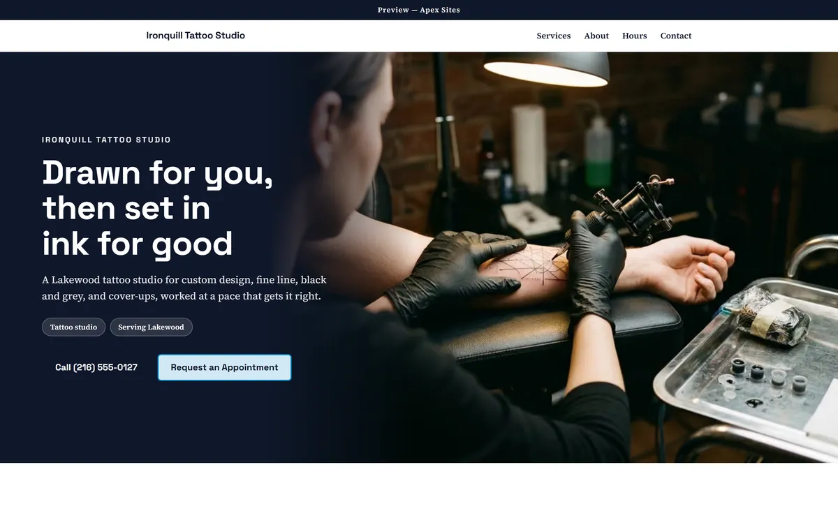 Ironquill Tattoo Studio sample website — Tattoo studio design