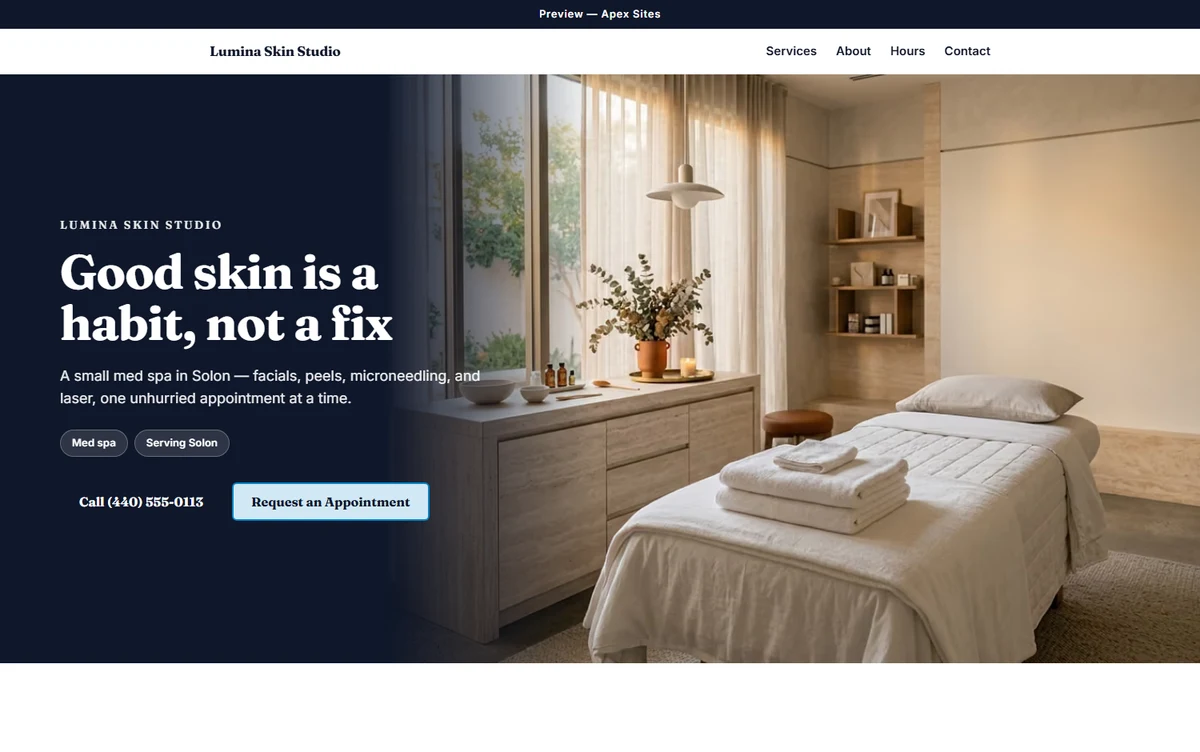 Lumina Skin Studio sample website — Med spa design