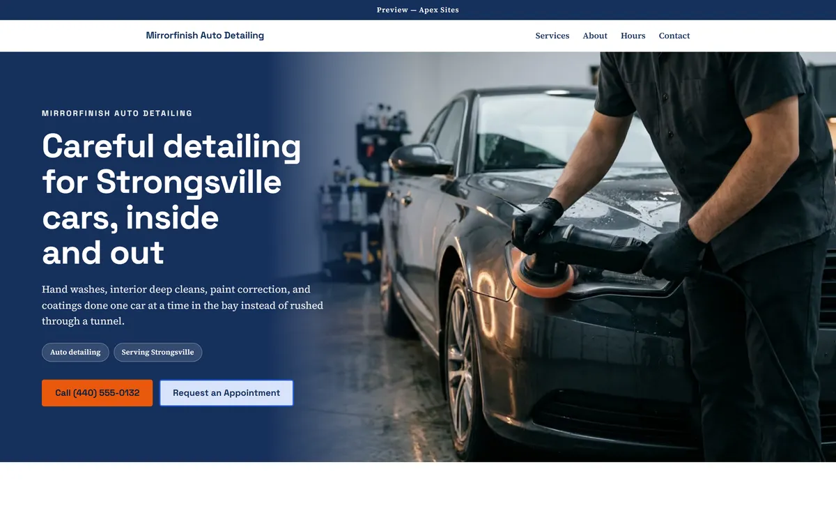 Mirrorfinish Auto Detailing sample website — Auto detailing design