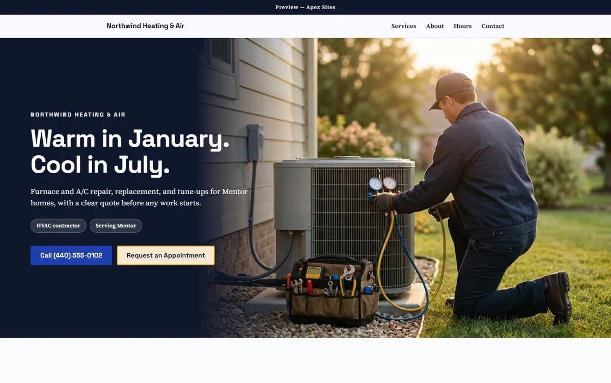 Northwind Heating & Air sample website — HVAC design