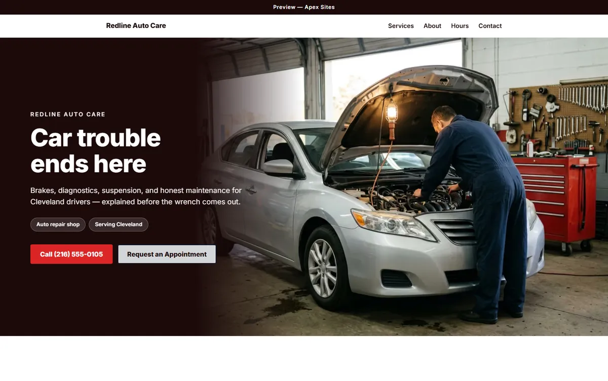 Redline Auto Care sample website — Auto repair design