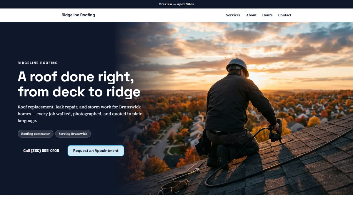 Ridgeline Roofing sample website — Roofing design