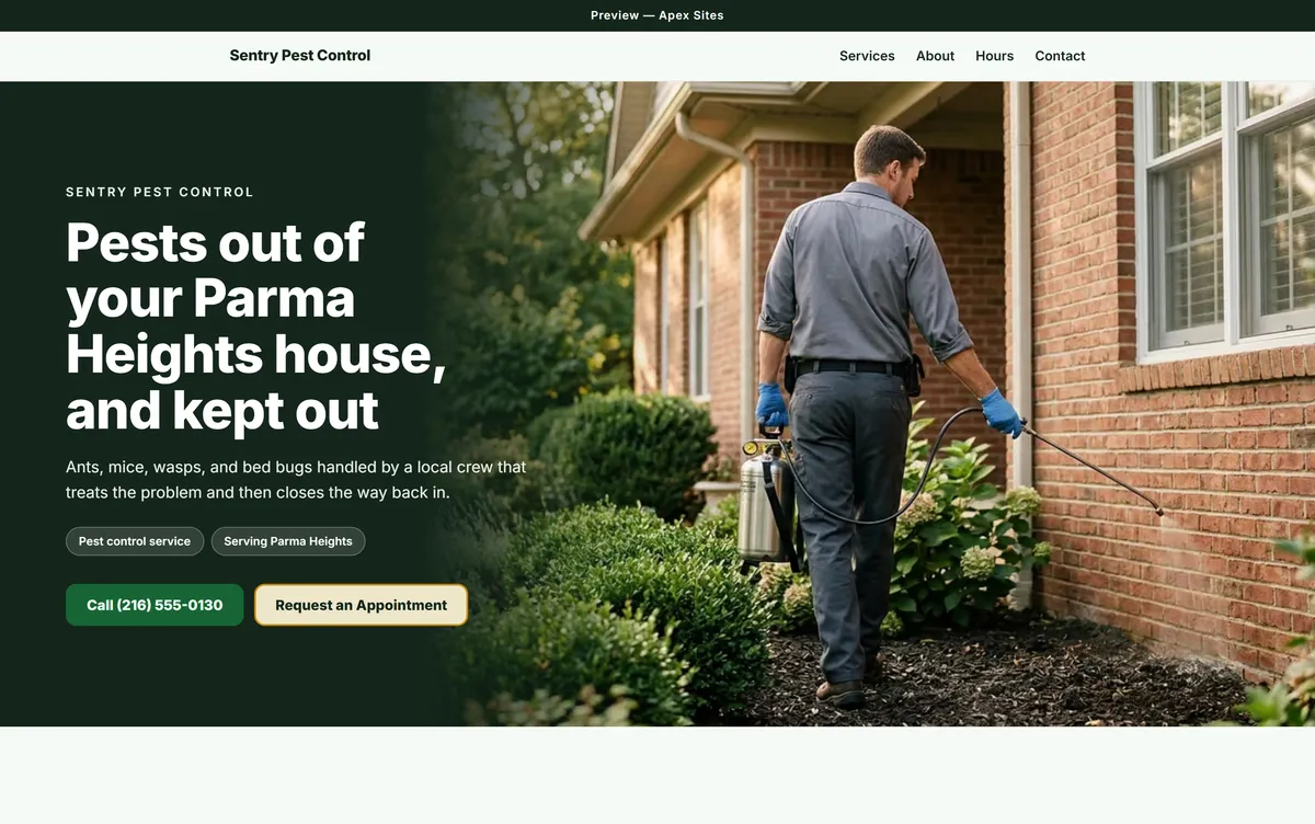 Sentry Pest Control sample website — Pest control design