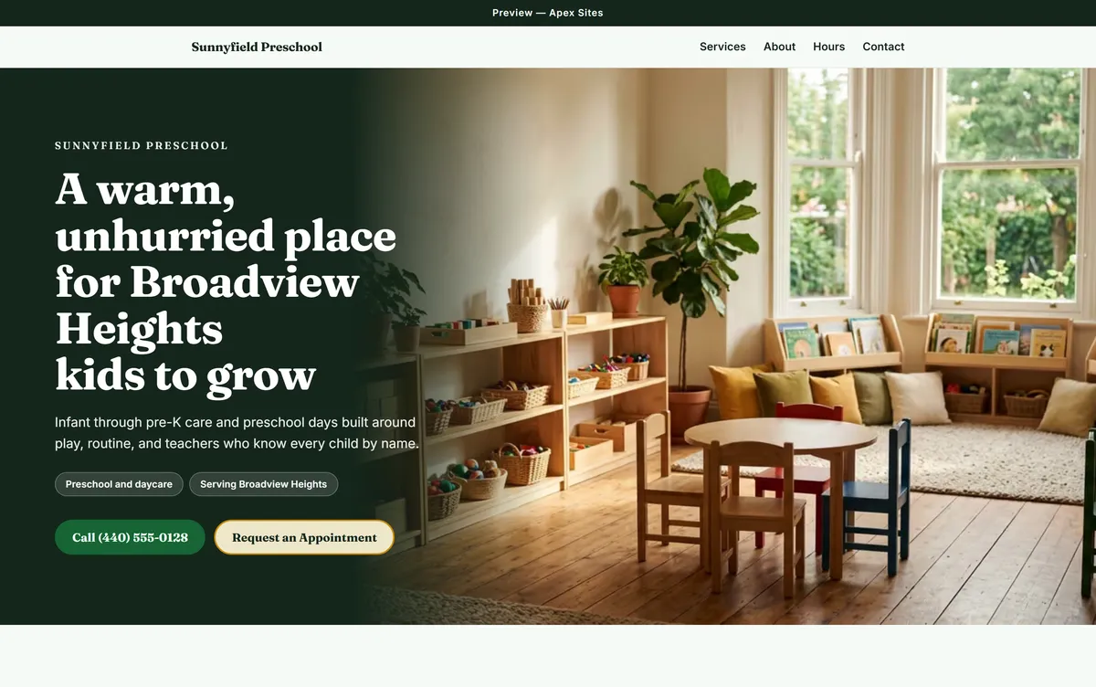 Sunnyfield Preschool sample website — Preschool design