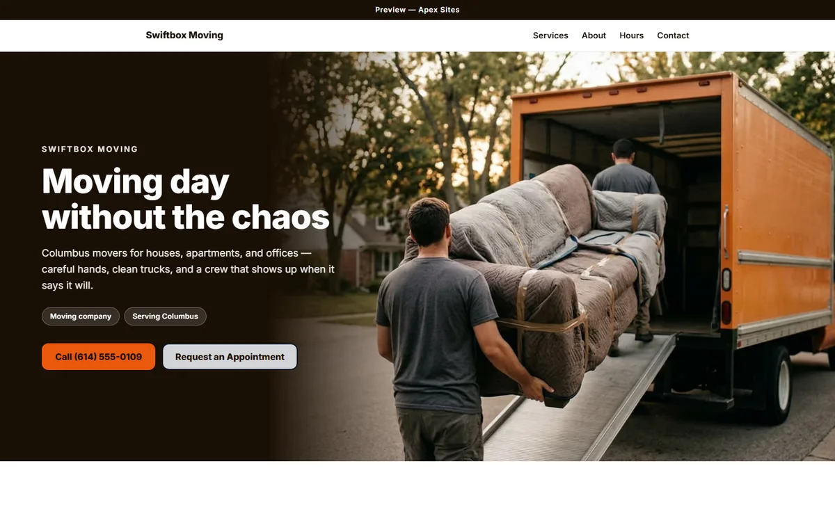 Swiftbox Moving sample website — Moving company design