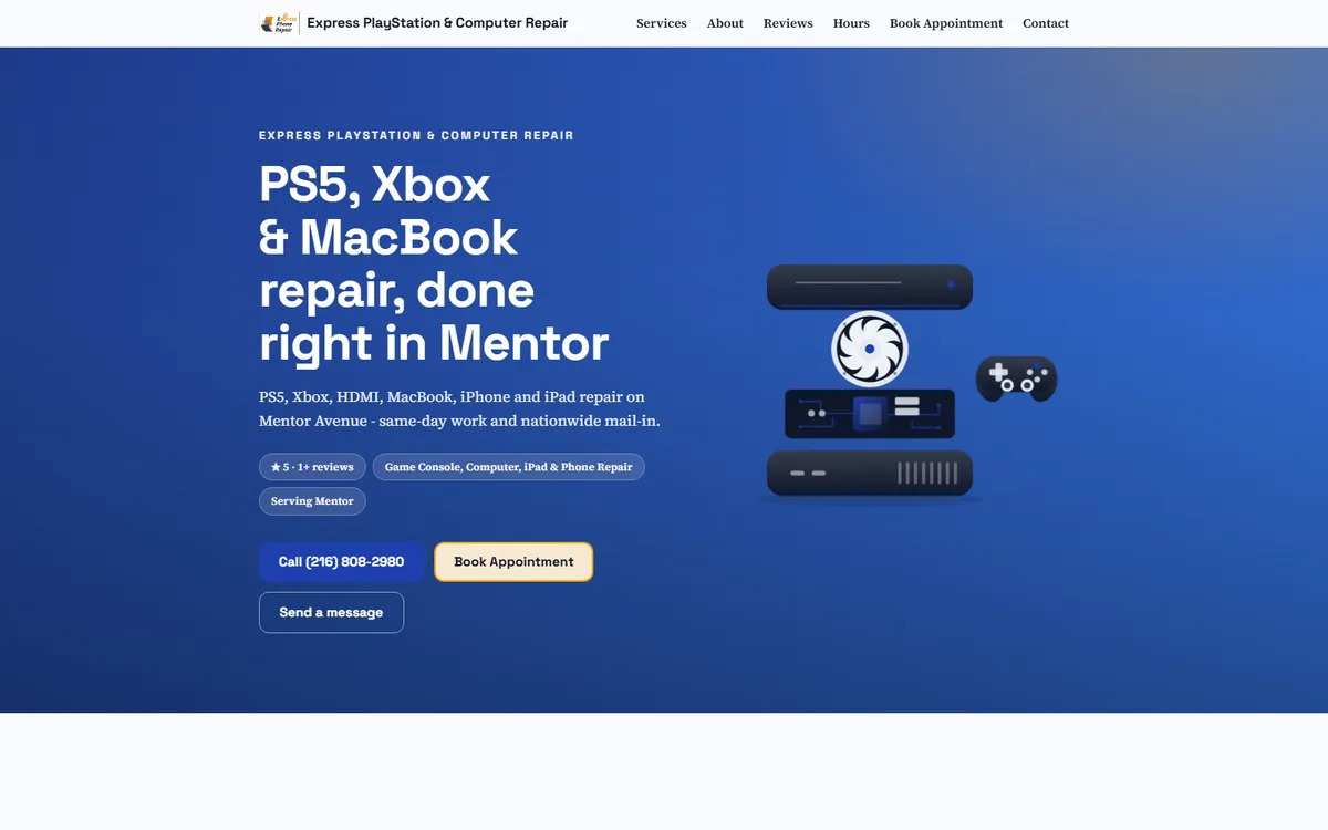 Express PlayStation & Computer Repair website hero with animated console art