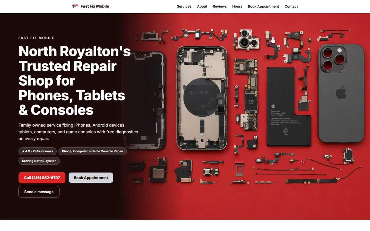 Fast Fix Mobile website — red hero with an exploded iPhone teardown